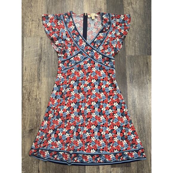 MICHAEL Michael Kors Dresses & Skirts - Michael‎ Michael Kors Floral Flutter Sleeve V-Neck Dress Blue Red XS